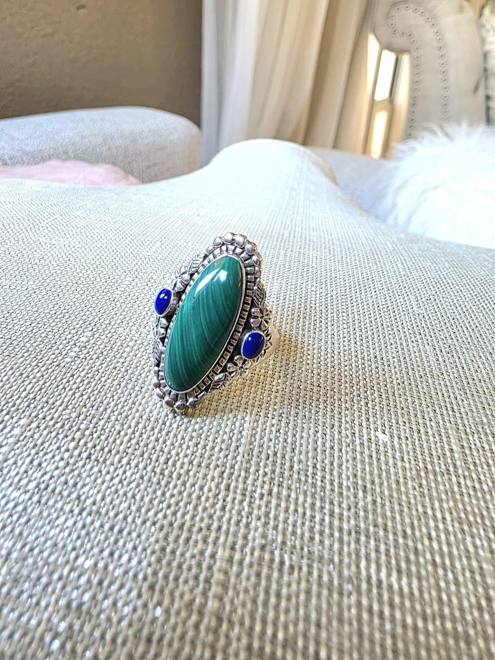 925 Sterling Silver Green Malachite & Blue Stone Statement Ring Size 8 - Picture 9 of 13